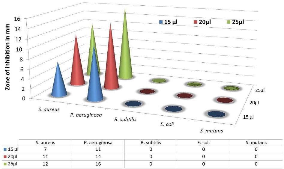 Inhihition zones of ethanolic extract of Amorphophallus paeoniifolius peel on different bacterial species.