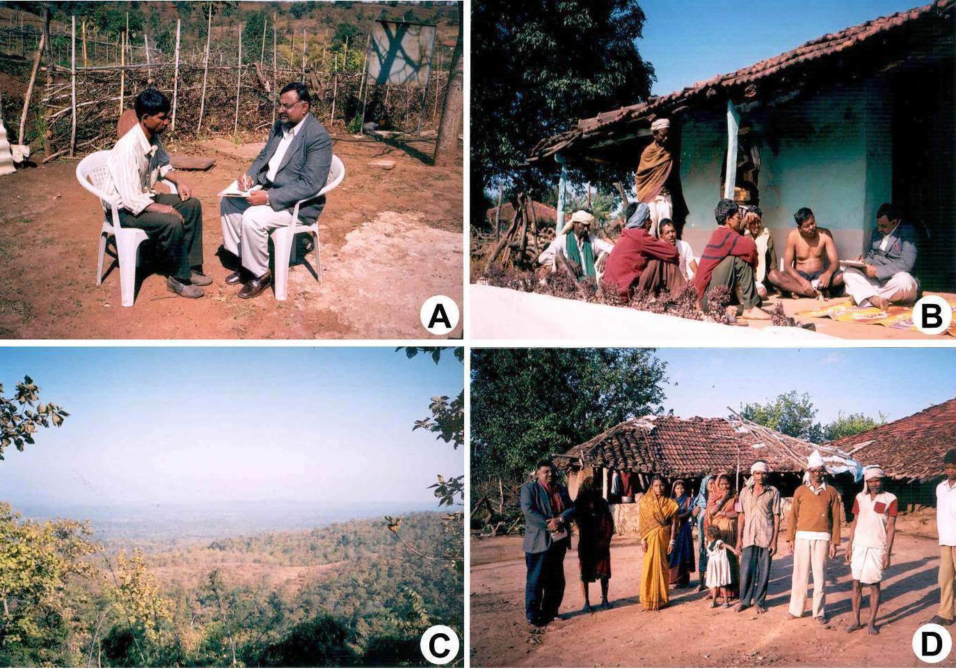 A, Interviewing a traditional healer; B, Interviewing Korku Tribal community; C, A view of forest; D, A family of Bhatra tribe in Chhattisgarh.